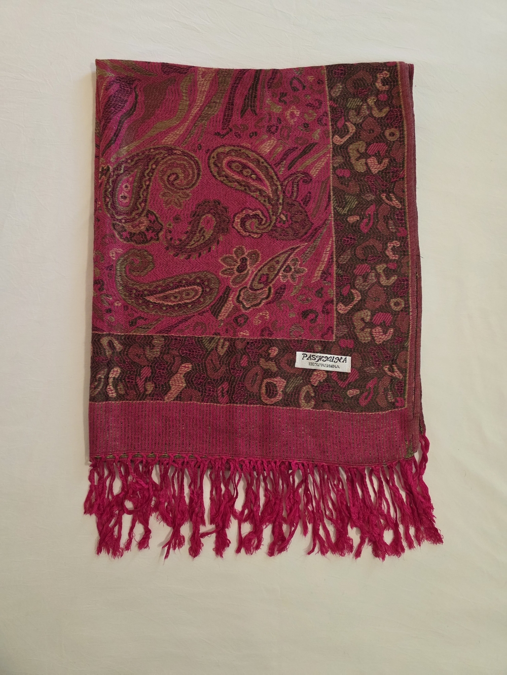 🌺 Pashmina 100% Pashmina Wrap / Scarf – Vibrant Fuchsia Paisley with Fringe 🌺